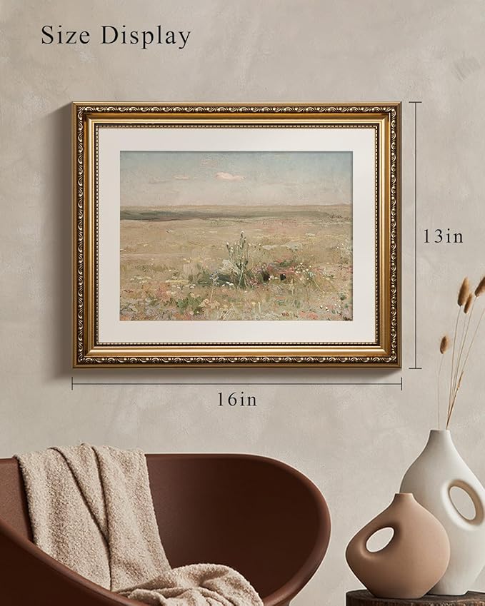 VIYYIEA Gold Framed Wall Art Canvas Print - Vintage Meadow Landscape Oil Painting - Farmhouse Wall Decor - Flower Art - French Decor for Living Room & Cozy Bedroom - 13x16in