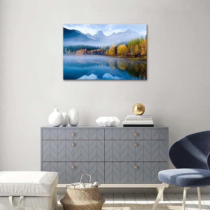 SKASNFAI Lake Canvas Wall Art National Park Forest Mountains Painting Artwork Nature Prints Poster Framed for Living Room Bedroom (28x44 inch)