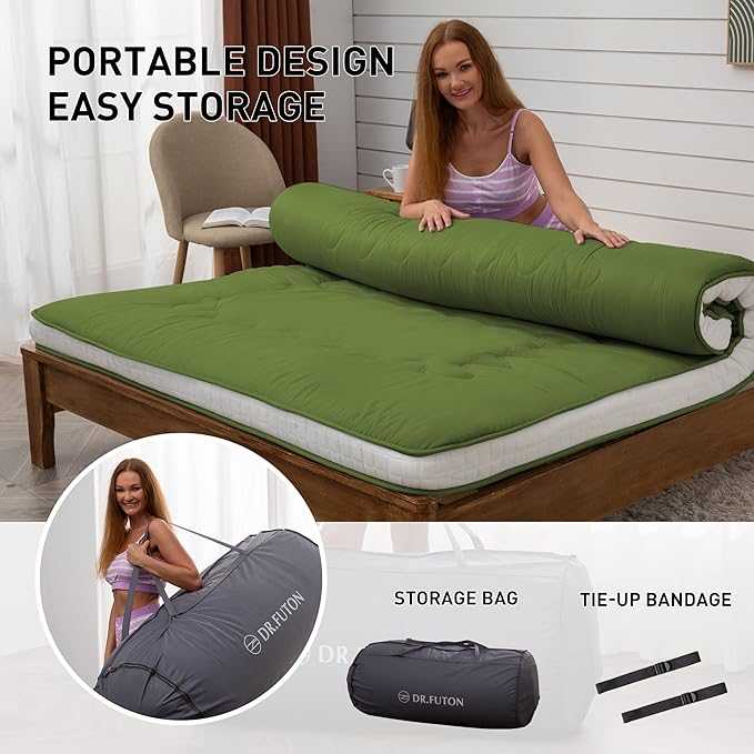 Dr.Futon Japanese Floor Futon Mattress Extra Thick Folding Roll Up Bed Topper Mat for Guest,Lounger and Tavel