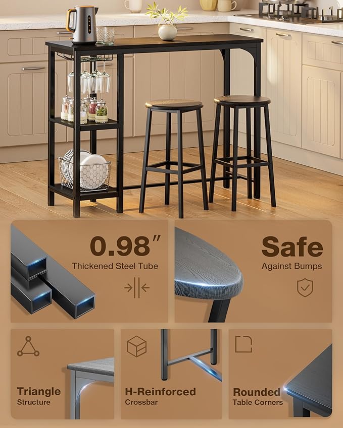 Small Bar Table Set for 2, Bar Table and Chair Set for 2, Kitchen Table for 2 with 2 Storage Shelves & Wine Glass Holder, Dining Table for Small Apartment, Dining Room, Black