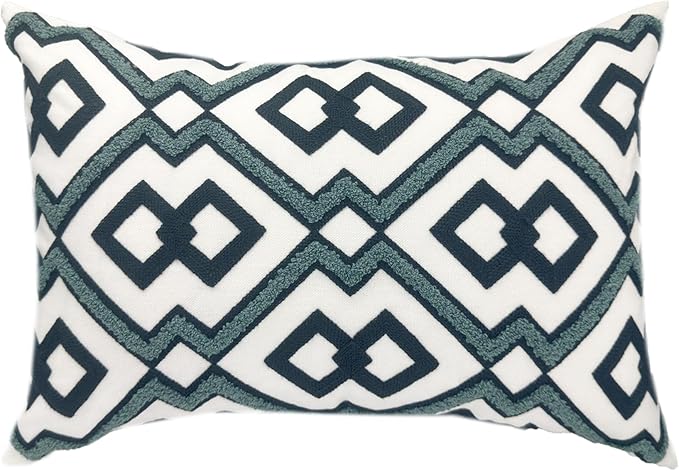 Alysheer Embroidered Lumbar Decorative Throw Pillow Cover 12"x 20", Classic Boho Geometric Embroidery Pattern Cotton Rectangular Cushion Case for Sofa Couch Living Room Bedroom (Navy Aqua)