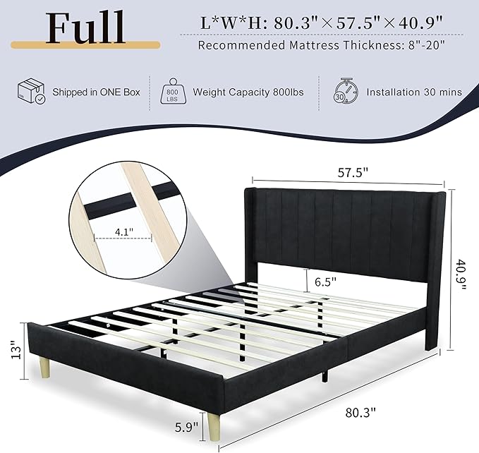 Full Size Upholstered Platform Bed Frame with Modern Wingback & Vertical Panel Headboard, Linen Fabric, Wooden Legs & Slats Support, No Box Spring Needed, Noise-Free & Easy Assembly, Black