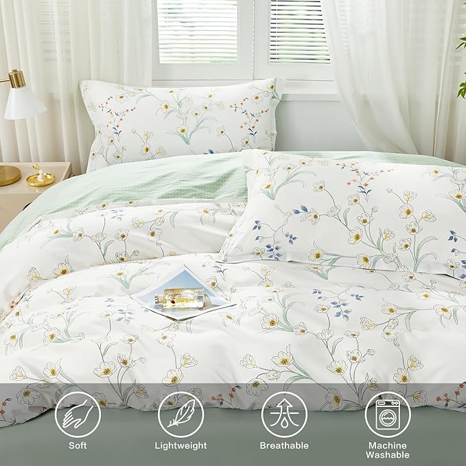 SAPHREAS White Floral Duvet Cover Set King Size 3pcs Botanical Magnolia Flower Bedding Comforter Cover Set 100% Cotton 1 Duvet Cover 104"x90" 2 Pillow Shams, Comforter Not Included