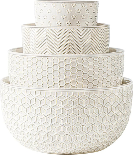 Ceramic Mixing Bowls, Embossed Nesting Bowls, Mixing Bowl Set of 4, Mixing Bowls for Cooking, Baking, Serving, Popcorn, Salad etc, Microwave and Dishwasher Safe, 20/47/99/148 oz, Off-White
