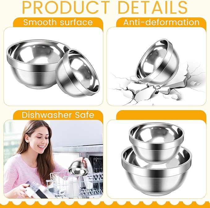 20 Pack 304 Stainless Steel Bowls Set 13oz 20oz Metal Double Walled Insulated Snack Mixing Lightweight Multipurpose Toddler Dinner Bowls for Ice Cream, Cereal, Snack