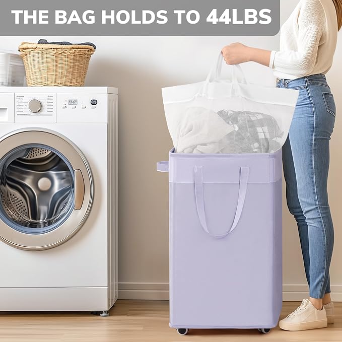 Goodpick Laundry Basket with Wheels,75L Collapsible Laundry Baskets with Removable Wash Bag, Clothes Laundry Hamper on Wheels, Light Purple