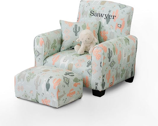 Toddler Personalized Armchair, Kids Upholstered Rocking Chair with Personalization, Toddler Chair with Personalized Name, Comfy Child Armchair, (Llama Print, Rockers)