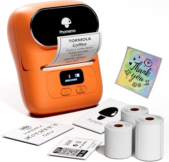 Phomemo M110 Label Maker- Mini Portable Bluetooth Thermal Label Printer for Clear Label, Barcode, Clothing, Office, Business, Compatible with Android & iOS, Orange