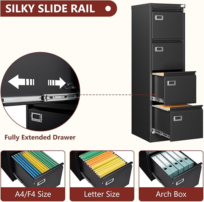 4 Drawer File Cabinet with Lock,Vertical Filing Cabinet for Home Office,Metal File Cabinets with Lock,Storage Files for A4/ Legal/Letter, Require Assembly, (Black)