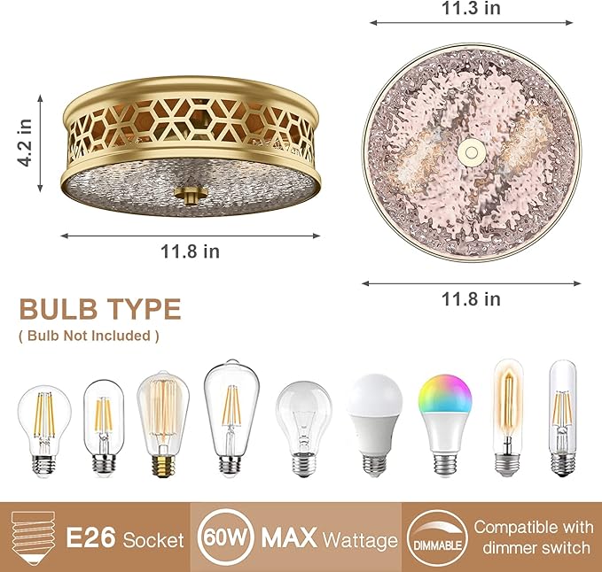 EAPUDUN Flush Mount Ceiling Light, 12 Inch 2 Light Vintage Ceiling Light with Rippled Glass, Gold Ceiling Fixture for Hallway Corridor Kitchen Bathroom Bedroom Passway FMA1538-SB