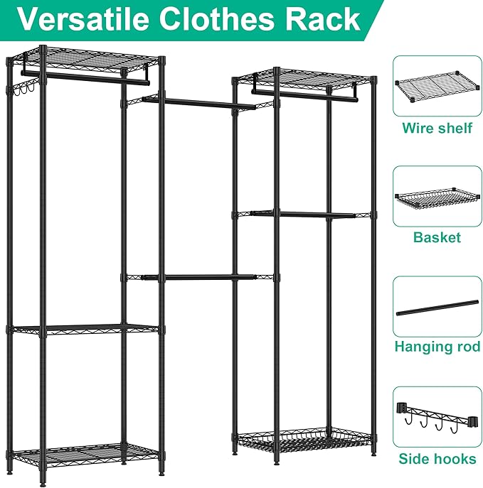 Freestanding Closet System, Large Free Standing Closet Rack Organizer for Hanging Clothes Adjustable Metal Wire Clothing Rack with 5 Shelves & 5 Rods, Black