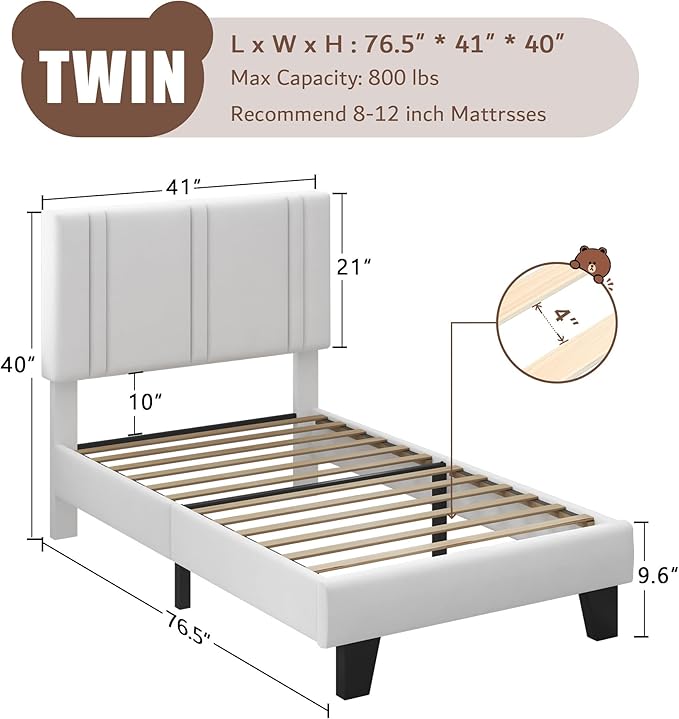 iPormis Twin Size Bed Frame with Velvet Upholstered Headboard & Thickened Legs, Twin Platform Bed Frame w/Solid Wooden Slats Support, Noise Free, No Box Spring Needed, White