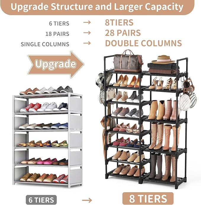 ROJASOP Shoe Rack Organizer, 8-Tier Metal Shoe Rack for Closet Entryway Garage, 26-32 Pairs Tall Shoe Boot Storage Shelf with 15 Hooks, Stackable Large Shoe Stand