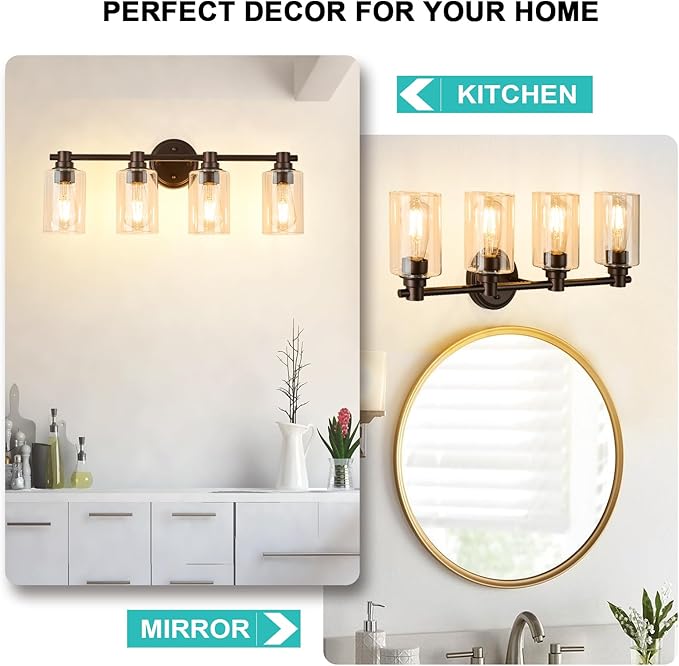 Bathroom Light Fixtures Wall Sconce Light with Clear Glass Oil Rubbed Bronze 4 Lights Bathroom Lighting Over Mirror Vanity Lights for Living Room,Bedroom,Restroom,Hallway E26 Base