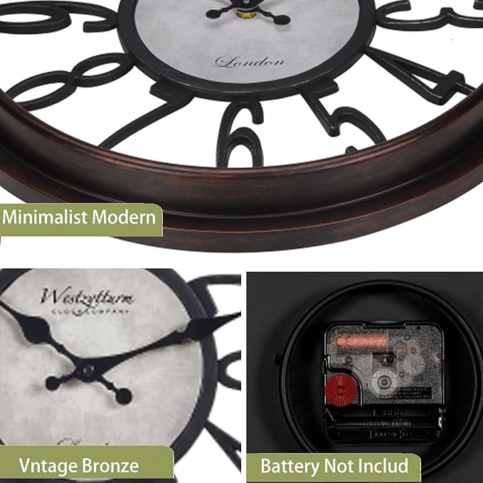 16 Inch Retro Black Wall Clock, Silent Non-Ticking Battery Operated Round Vintage Clock with Arabic Numerals,Decorative Living Room, Kitchen, Bedroom Decor
