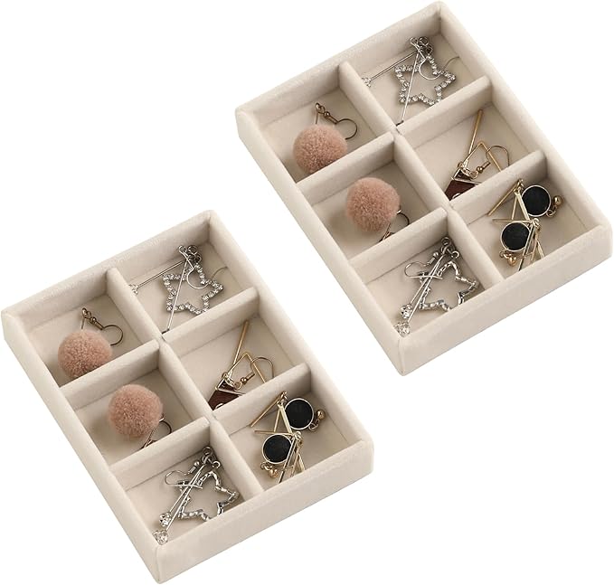 Frebeauty Small Jewelry Tray Set,Stackable Velvet Jewelry Organizer Tray,Mini Jewelry Drawer Organizer,Drawer Inserts,4.92 x 3.74 x 0.9 Inches,6 Grid Earring Organizer for Women(Set 2,Beige)