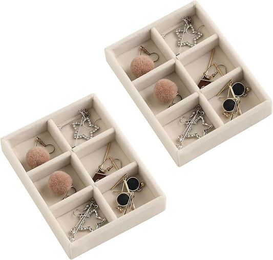 Frebeauty Small Jewelry Tray Set,Stackable Velvet Jewelry Organizer Tray,Mini Jewelry Drawer Organizer,Drawer Inserts,4.92 x 3.74 x 0.9 Inches,6 Grid Earring Organizer for Women(Set 2,Beige)