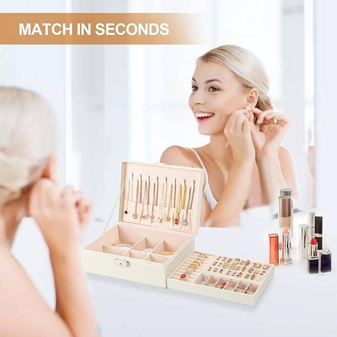 Jewelry Box Organizer for Women Girls 2 Layer Leather Travel Jewelry Storage Case with Lock and Removable Tray for Necklace Earrings Rings Bracelets Gift, Come with Polishing Cloth and Jewelry Bags