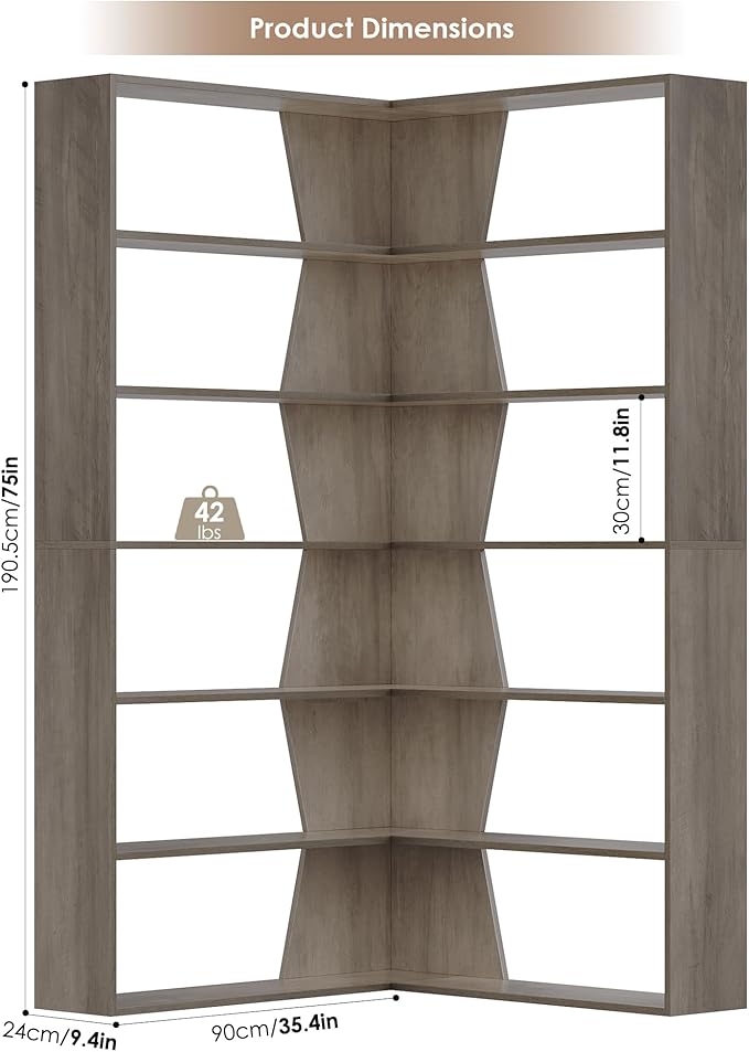 75" Corner Bookshelf, 6-Tier Modern Bookshelf and Bookcase, Tall Bookcase Open Display Storage, L Shaped Corner Shelf for Library, Living Room, Home Office, Gray
