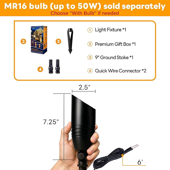 Landscape Spotlights Low Voltage - Brass 12V Outdoor Uplight LED, Wired Spot Lights IP65 Waterproof, Bright Metal Black for Exterior Garden Yard Tree House Without MR16 Bulb