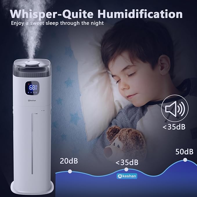Large Humidifier for Bedroom, 9L/2.5Gal Ultrasonic Cool Mist, Easy Clean with 350ML/H Large Mist Speed, Remote control, Quiet Tower, Suitable for Kids Room Plant Yoga Study Room Office (White)