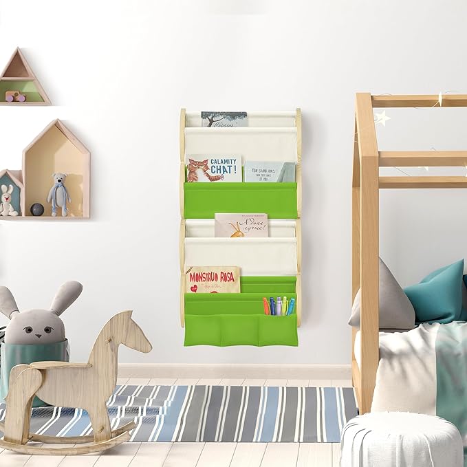 Wooden Wall Mounted Bookshelf for Kids Rooms, 4 Tier Floating Nursery Book Shelf, Kids Bookshelf with 2 Pockets, Toddler Sling Book Rack with Deep Sleeves (Green)