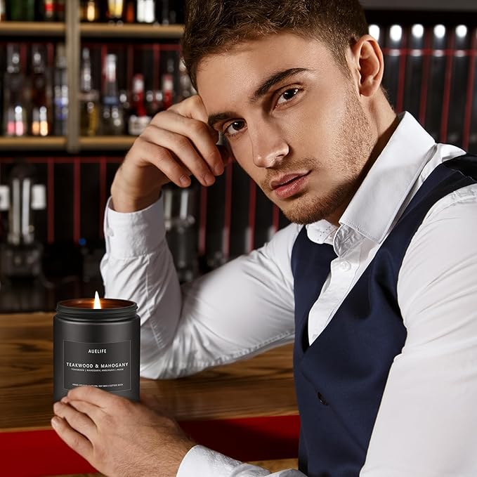 2 Pack Teakwood & Mahogany Candle | Scented Candles for Men, Man Gifts for Men - Masculine Candles - Soy Candle for Home Scented - 7oz Black Jar, Long Lasting