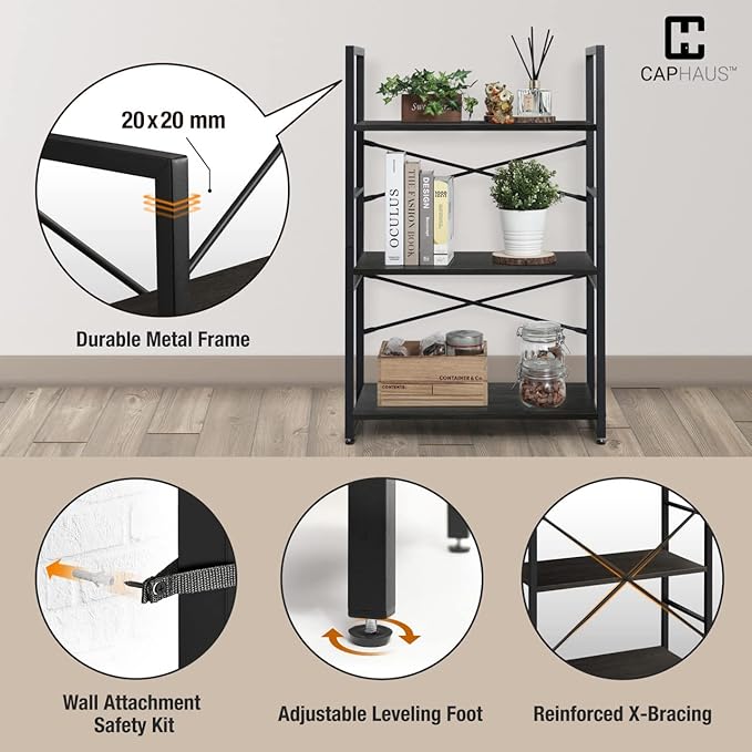CAPHAUS 3 Tier Small Bookshelf, 24 Inch Width Free Standing Shelf, Bookcase Shelf Storage Organizer, Industrial Book Shelves for Home Office, Living Room, Black Shelves & Metal Frame