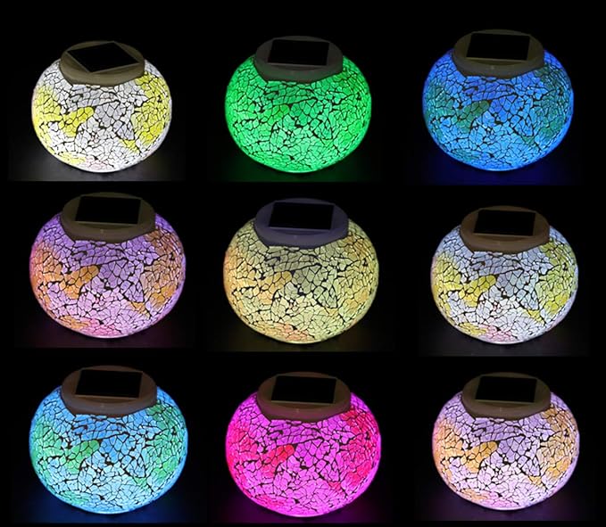 Color Changing Solar Powered Glass Mosaic Ball Led Garden Lights, Rechargeable Solar Table Lights, Outdoor Waterproof Solar Night Lights Table Lamps for Decorations, Ideal Gifts