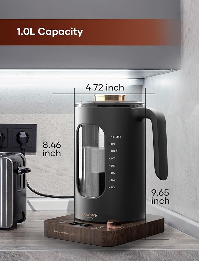 Electric Tea Kettle, INTASTING Glass Electric Kettle with tea Infuser and Precise knob temperature control, 1200W Fast Heating, BPA-Free, Easy to Clean, for Tea and coffee, 1 Liter (Wood)