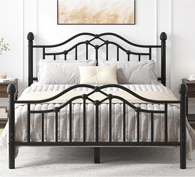 Full Metal Platform Bed Frame, Bed Frame with Victorian Headboard and Footboard, Strong Metal Slats Support, Mattress Foundation No Box Spring Needed, Easy Assembly, Noise Free, Black