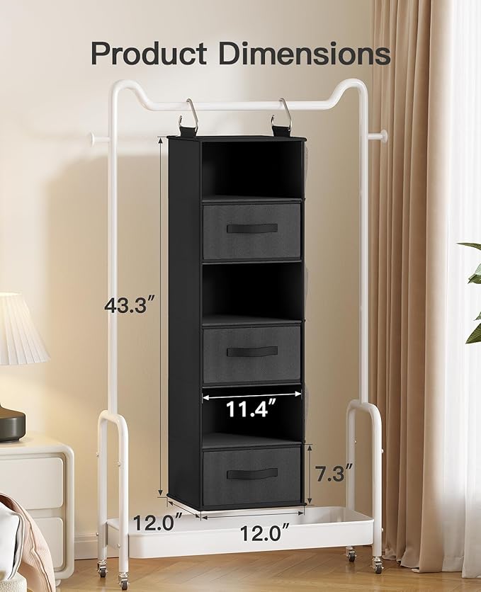 Pipishell Hanging Closet Organizer 6-Shelf, Hanging Shelves for Closet with 3 Removable Drawers & Side Pockets, Hanging Shelf Organizer for Bedroom or Garment Rack, 12'' x 12'' x 43.3'', Black