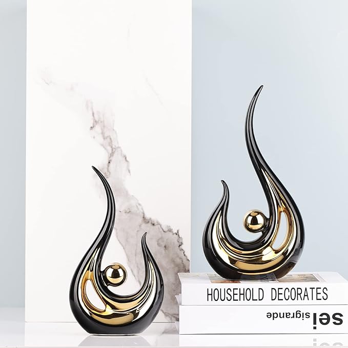 Black and Gold Home Decor, Abstract Ceramic Statue 2 Piece Set for Living Room Coffee Table Decor, Home Office, Room Decor, Table Decor