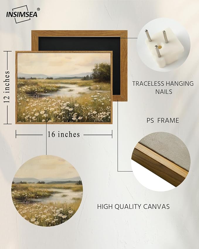 InSimSea Framed Canvas Wall Art Vintage Decor, Farmhouse Wall Decor for Living Room Bedroom Office Bathroom, Spring Landscape Wildflower Field Oil Painting Prints, Home Desk Decorations, 12x16inch
