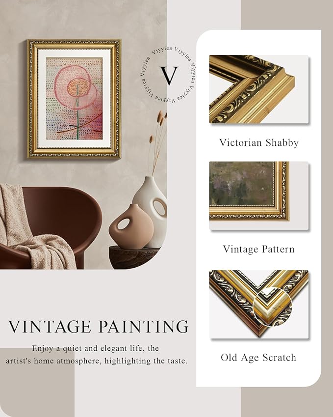 VIYYIEA Gold Framed Wall Art Canvas Print Home Decor Abstract Flower Wall Decor Vintage Aesthtic Pink Art Multicolor Painting Pictures Energetic Room Decorations for Bathroom Bedroom 11x14in