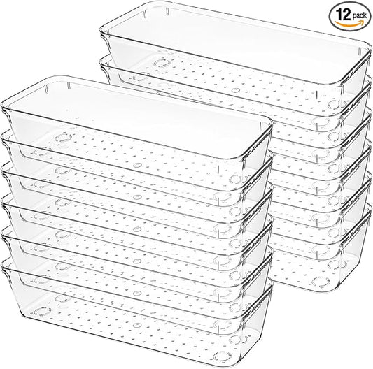 12 Pcs Clear Plastic Drawer Organizers, Vanity Drawer Organizer for Kitchen Utensils, Bathroom Drawers Organizer Trays, 9 x 3 x 2 Inch Acrylic Drawers Dividers for Makeup and Office Desk Organization