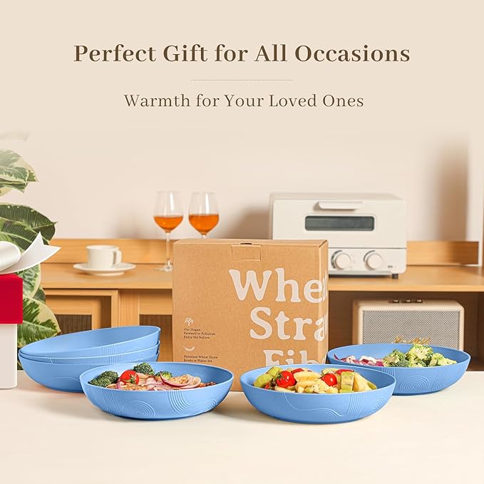 Homienly Wheat Straw Big Bowls Salad Bowls Set of 6 10 inch Serving Bowls 65 oz Large Bowls Plastic Plates Bowls Wide and Shallow Bowls for Kitchen Microwave & Dishwasher Safe-Sky Blue