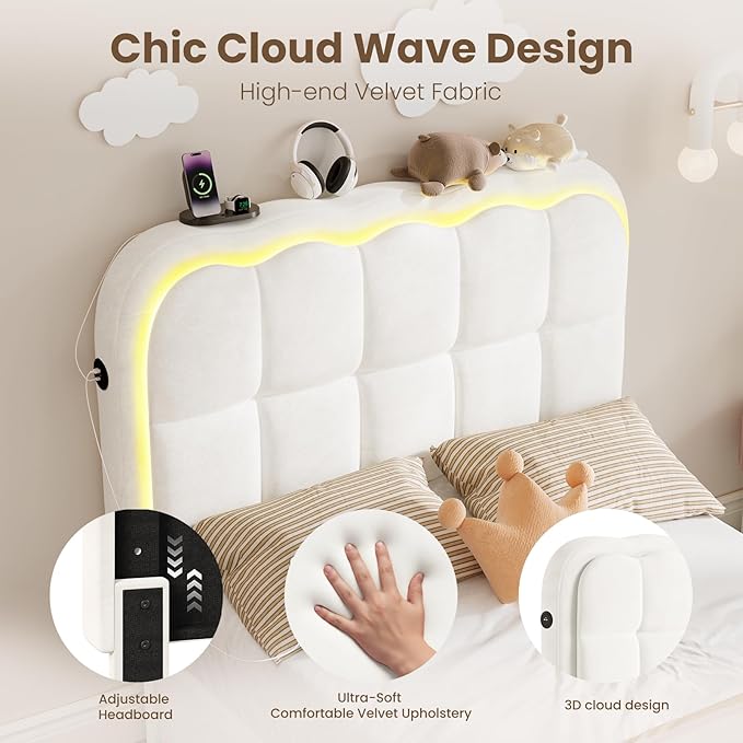 Twin Bed Frame with Storage Drawers and Headborad, Upholstered LED Twin Size Platform Bed Frame for Kids – Sturdy Metal Bed Frame Twin with Wood Slats Support, No Box Spring Needed,White