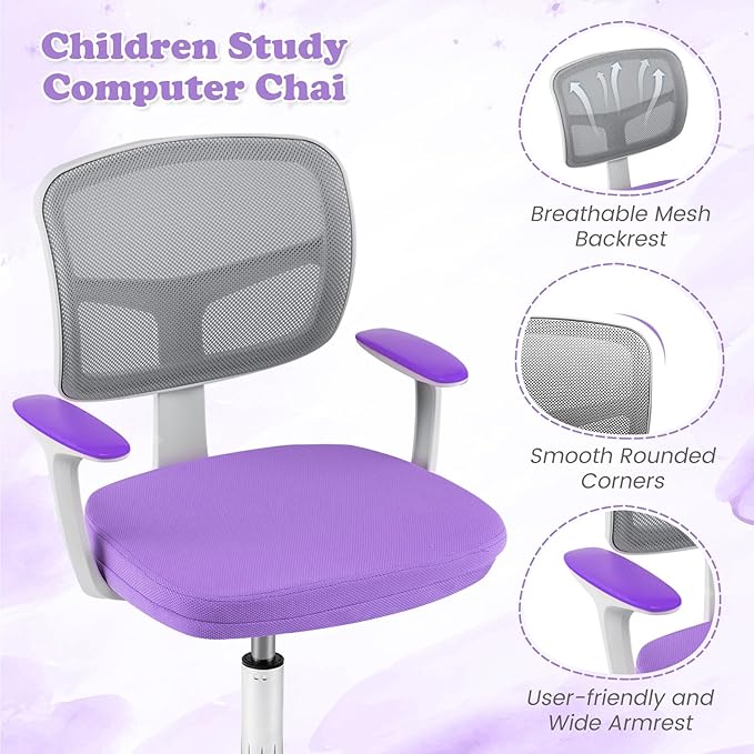 Giantex Kids Desk Chair, Children Computer Chair with Wheels and Y-Shaped Lumbar Support, Mesh Kids Office Chair, Height Adjustable Desk Chair for Girls Boys Aged 4-13, Purple