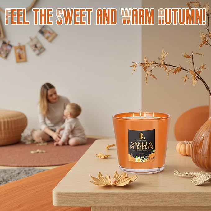 Vanilla Pumpkin Candle, Fall Scented Candle, Large 30oz Natural Soy Candles, 4-Wick 80 Hour Burn Time, Autumn Fragrance Candles Gifts for Home Decor