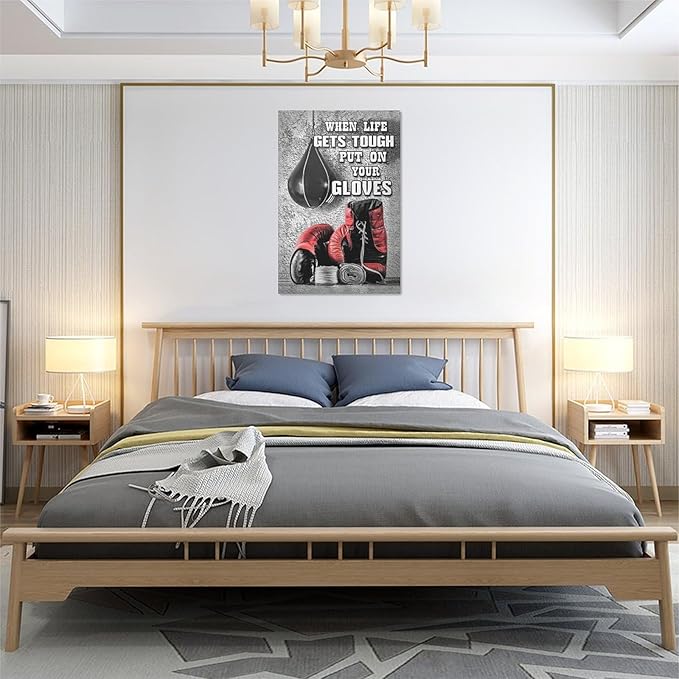 Boxing Posters Wall Art Red Boxing Gloves Pictures Wall Decor Black And White Inspirational Quotes Canvas Prints Painting Artwork Sports Canvas Home Decorations For Teen Boys Room Dorm Bedroom 16"x24"