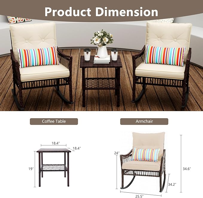 3 Pieces Patio Furniture Set, Outdoor Rocking Chairs Set of 2, Wicker Cushioned Patio Rocker with Side Table for Porch, Garden, Poolside & Deck, Beige
