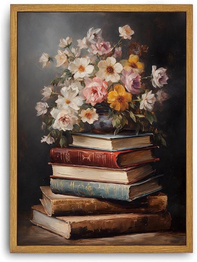 Djmwtb Vintage Framed Wall Art Floral Canvas Wall Art Prints Moody Flower Book Pictures Painting Wall Decor Artwork for Living Room Bedroom Bathroom Office 16x24in