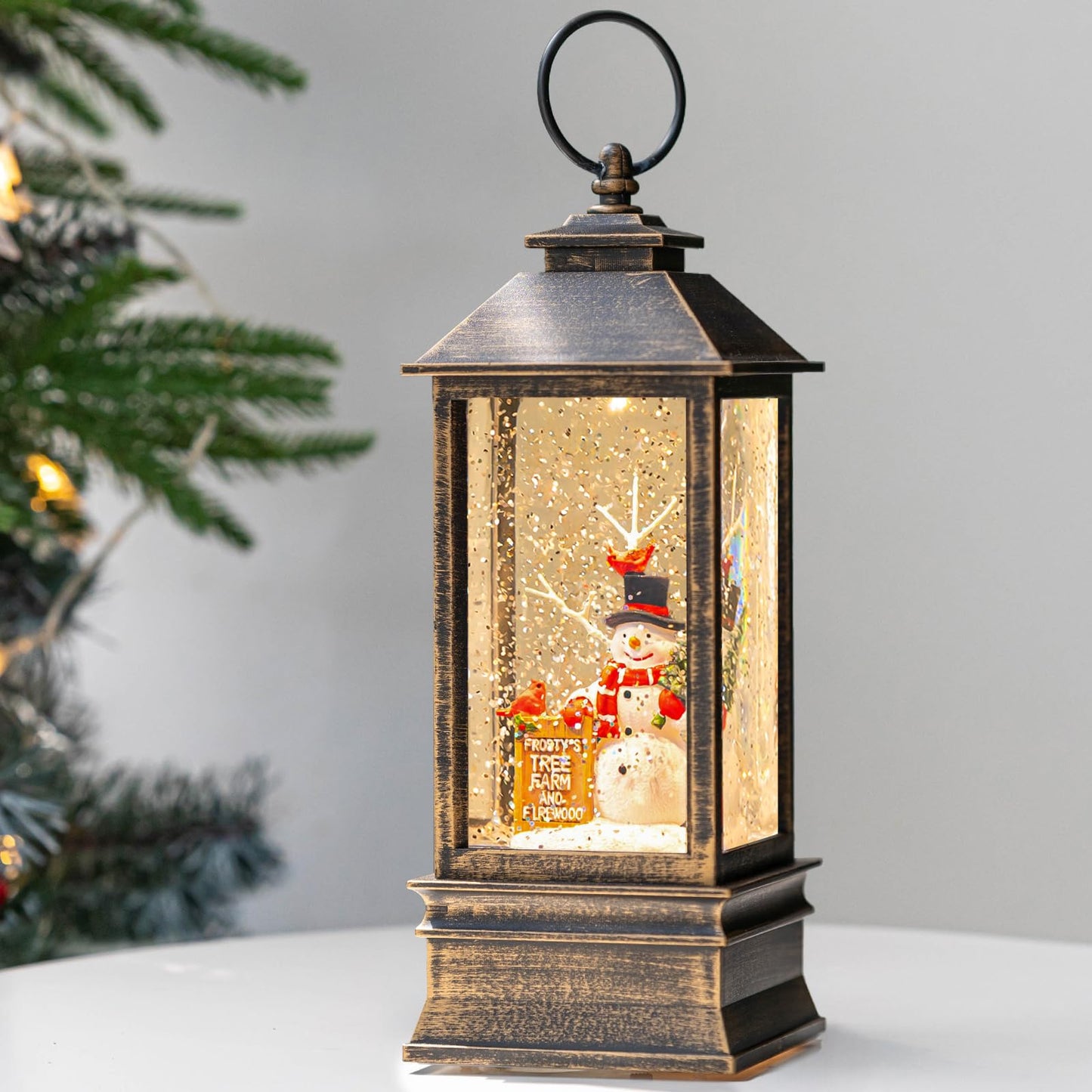 10'' Frosty's Tree Farm Snowman Musical Lighted Snow Globe Water Lantern with Swirling Glitter Decoration for Christmas Home, Living Room, Battery Operated or USB Powered