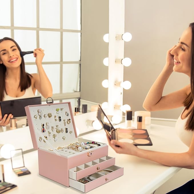 3-Layer Jewelry Box for Women, Jewelry Organizers and Storage with Removable Jewelry Tray, Vintage Quilted Top Lockable Jewelry Holder Gift Idea Pink