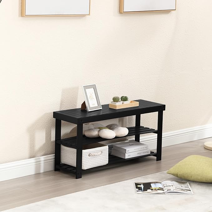 Apicizon Bamboo Shoe Rack for Entryway, 3-Tier Shoe Rack Bench for Front Indoor Entrance, Small Shoe Organizer with Storage, 35.4 Inches, Black