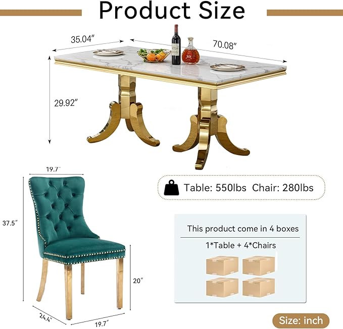 Goujxcy Faux Marble Dining Table Set for 4, Modern 5-Piece Dining Table Set with 4 Velvet Upholstered Chairs, 70" Large Long Faux Marble Kitchen Dining Room Table and Chairs with Stainless Steel Legs