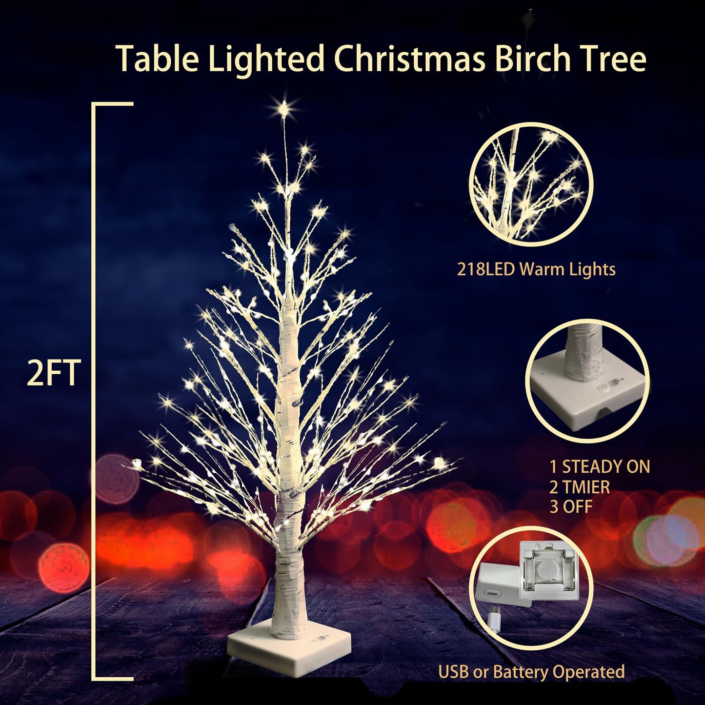 2FT Lighted Birch Tree with Warm LED Lights, Tabletop Christmas Tree, Mini Birch Tree with 218 LED Light, Battery & USB Powered Small Christmas Tree for Holiday Decoration