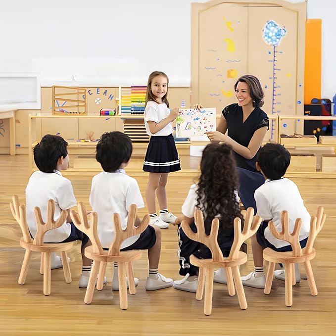 Wooden Step Stool Children Toddler Chair Kids Desk Chair with Non-Slip Foot Mat Wood Wax Oil Craft Sensory Table for Kids Playroom Classroom Boys Girls Age 2+ Size：10" L X 10" W X 18" H (Nature)