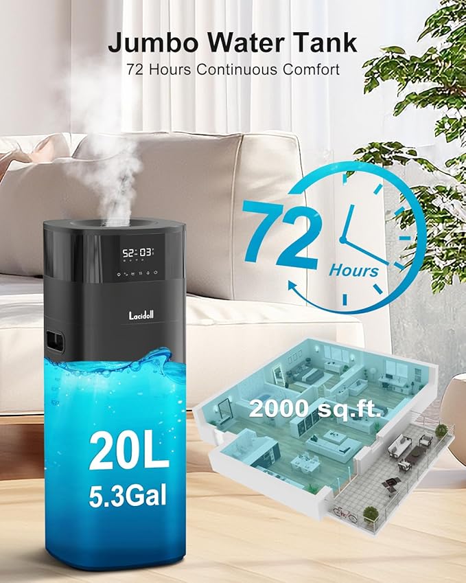 Humidifier Large Room 5.3Gal/20L Cool and Warm Mist Humidifiers for Home 2000 sq ft, Whole House Humidifiers with Diffuser Extended Tube, Air Humidifier for Bedroom Nursery Baby Plants, Black